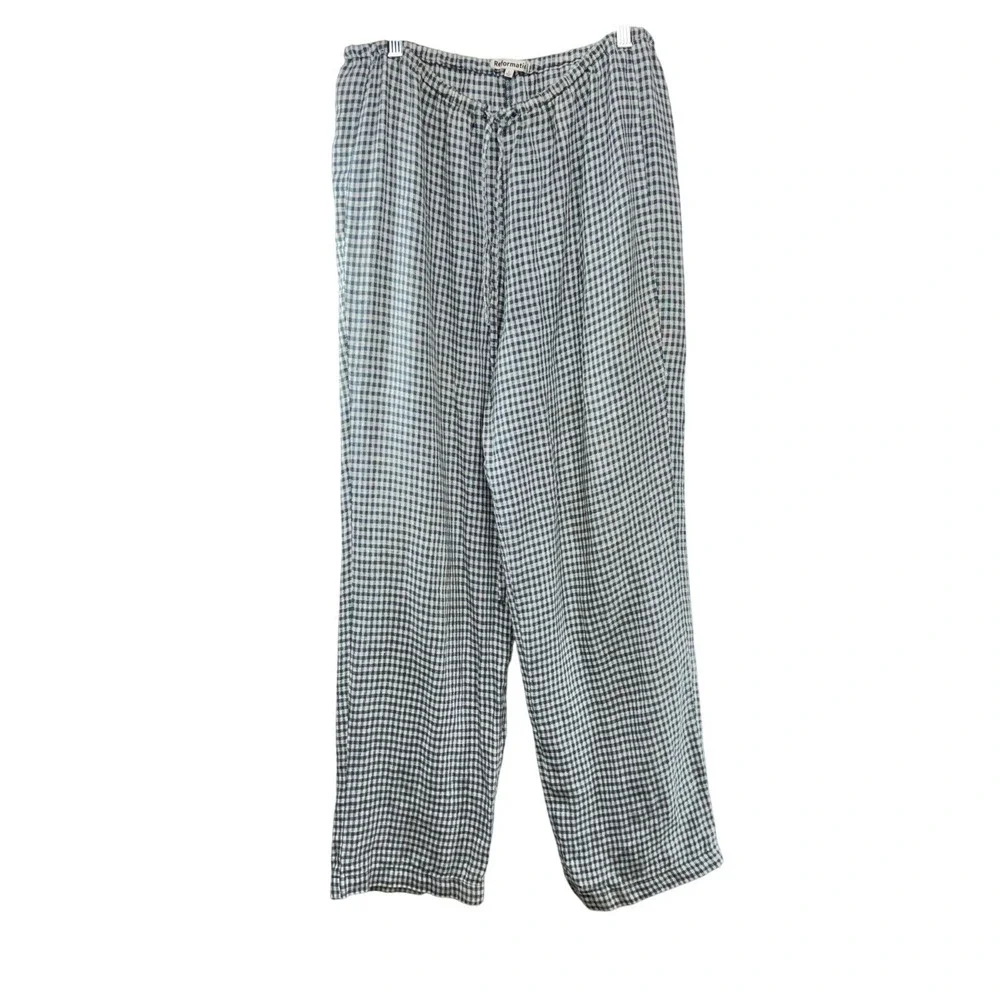 Reformation Blue White Gingham 100% Linen Wide Leg Drawstring Pants Womens Large